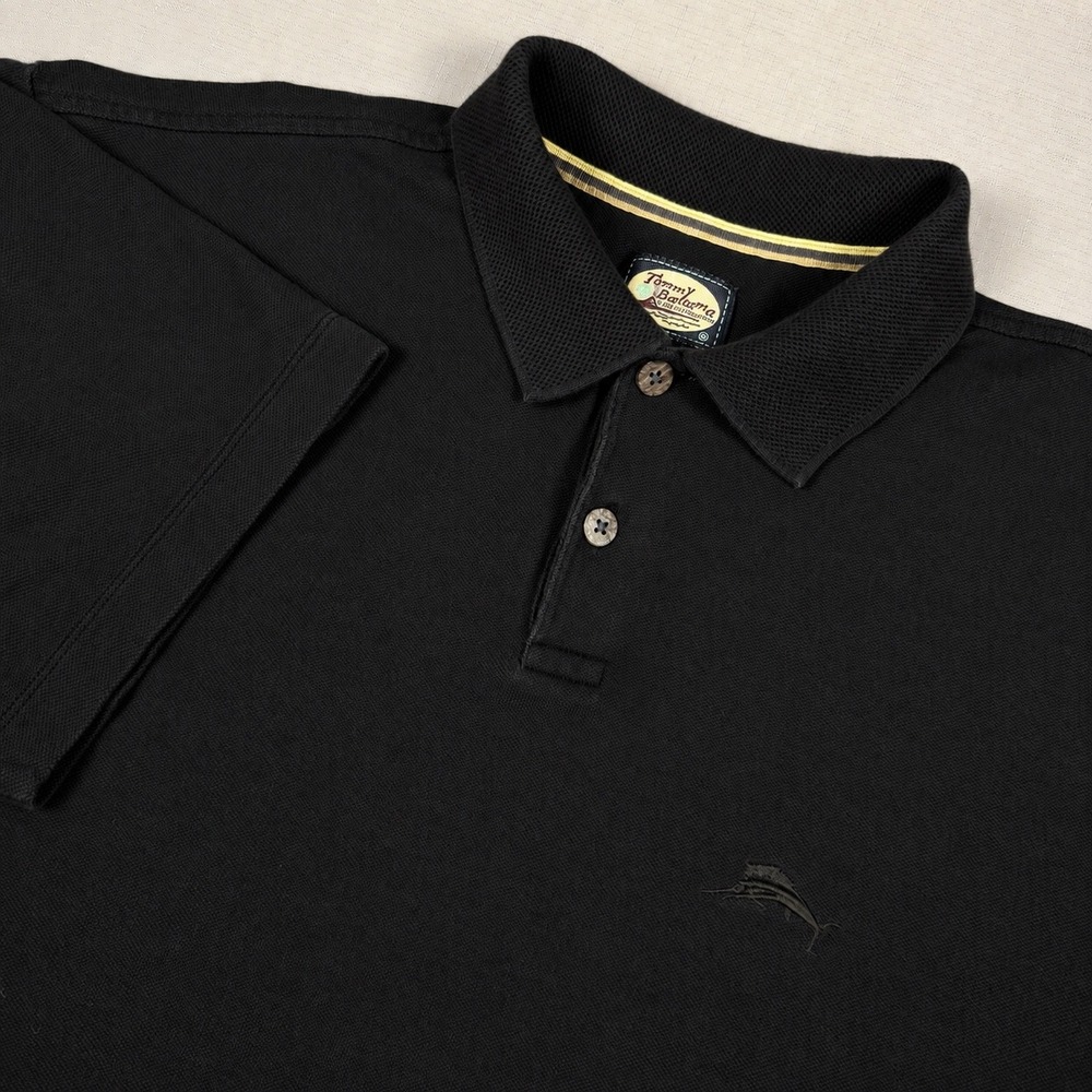 Tommy Bahama Mens Large Black Cotton Pique Short Sleeve Marlin Polo Shirt